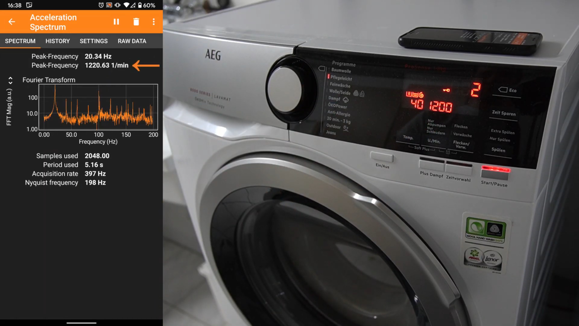 Rotational frequency of a washing machine measured with the phones accelerometer. The machine is spin drying at 1200 rpm.